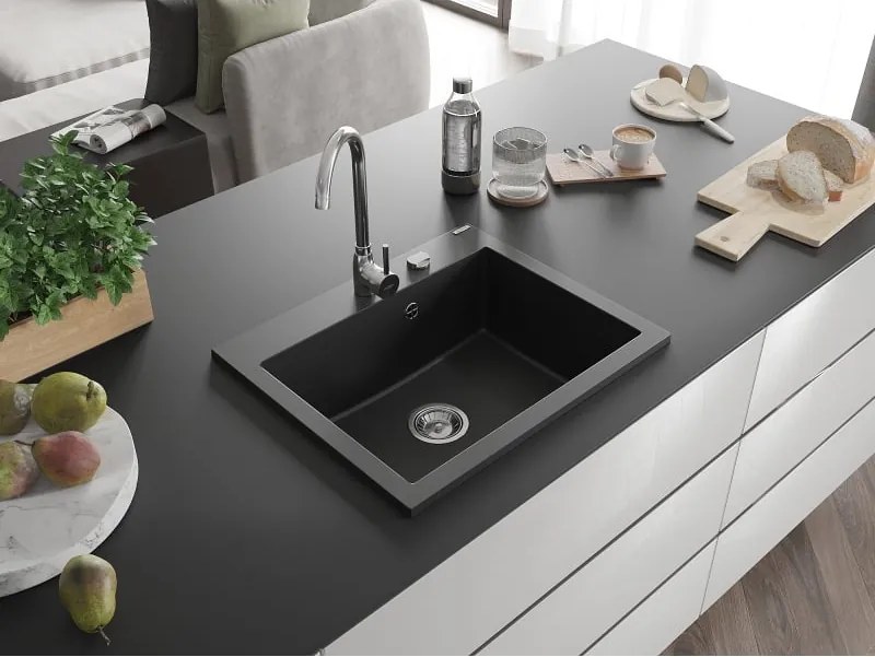 Mexen Elix lava-louça de granito de 1 câmara 600 x 500 mm, preto, sifão cromado - 6525601005-77