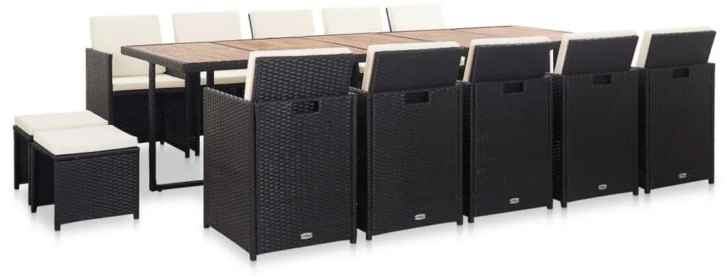 15 pcs conjunto jantar exterior com almofadões vime PE preto