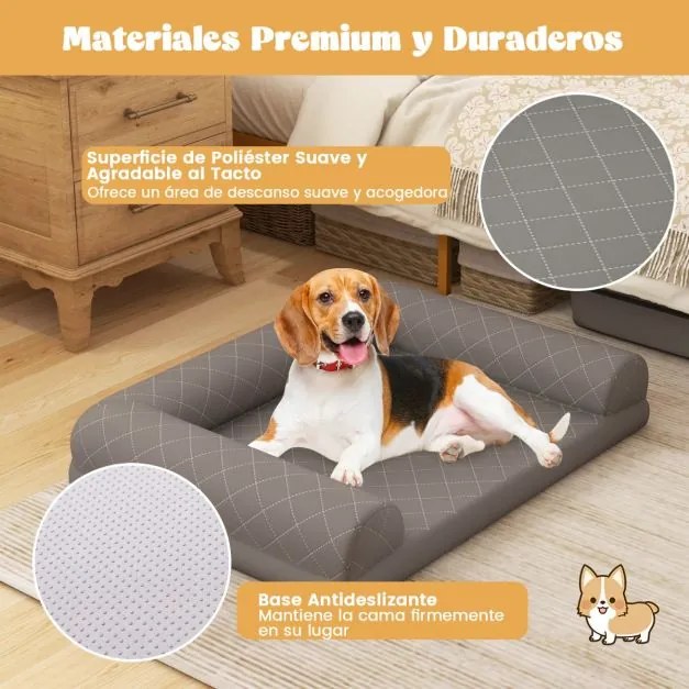 Cama ortopédica para cães  90 x 69 x 18 cm com almofada em 3 lados Capa removível e lavável Base antiderrapante Cinza