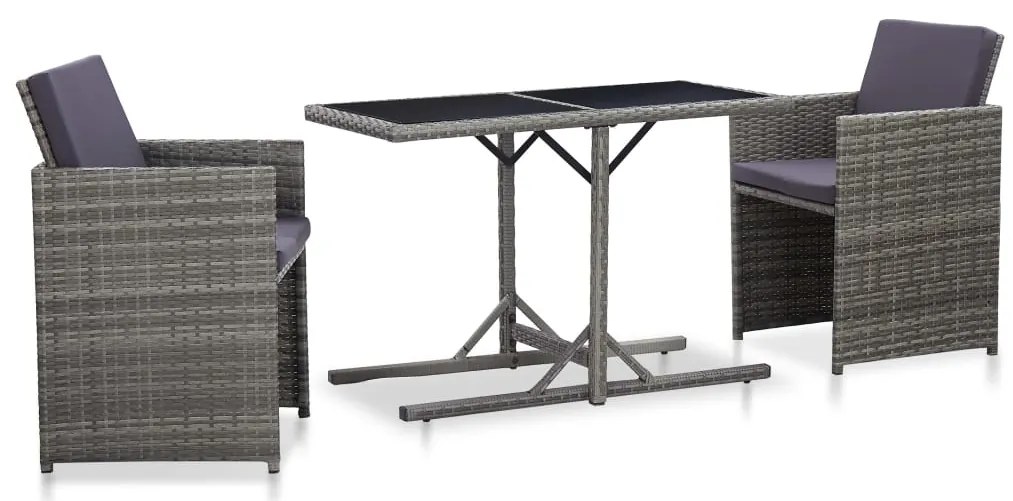 vidaXL 3 pcs conjunto bistrô com almofadões vime PE cinzento