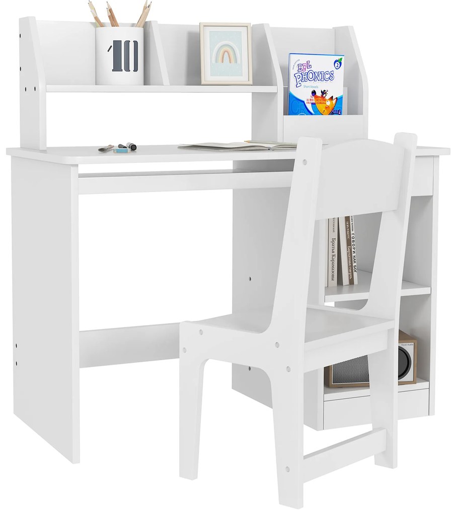 ZONEKIZ Conjunto de Secretária e Cadeira para Crianças com 2 Gavetas e Compartimento para Dormitório Sala de Estudo Branco
