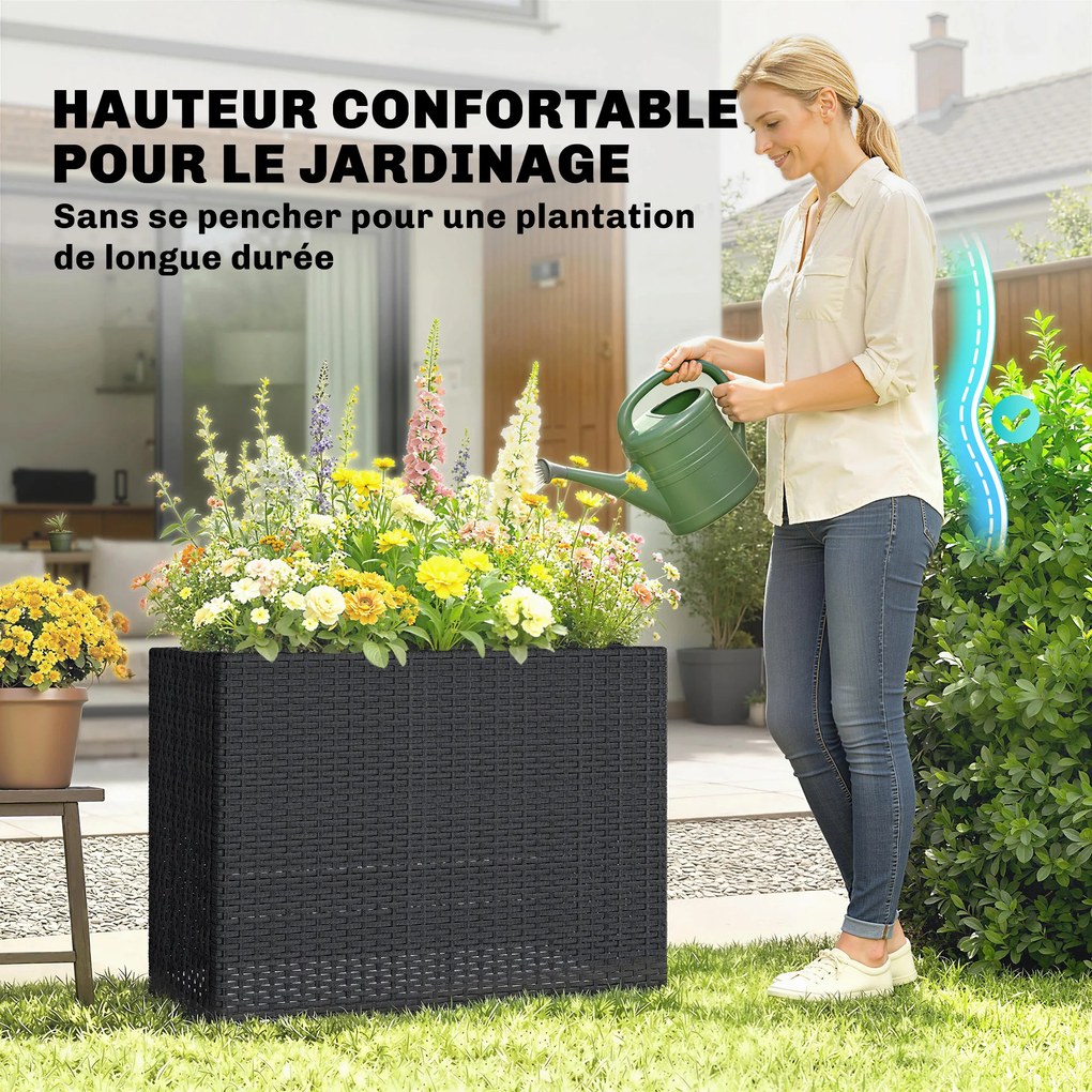 Floreira elevada em resina trançada 76 x 23 x 28 cm, suporte para flores com tabuleiro removível e pés ajustáveis preta