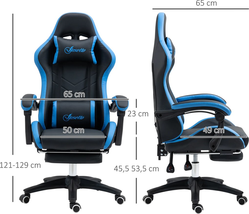 Cadeira Gaming Cadeira Gamer de Pele PU Reclinável 135° Apoio para a Cabeça e Apoio para os Pés 65x65x121-129 cm Preto e Azul