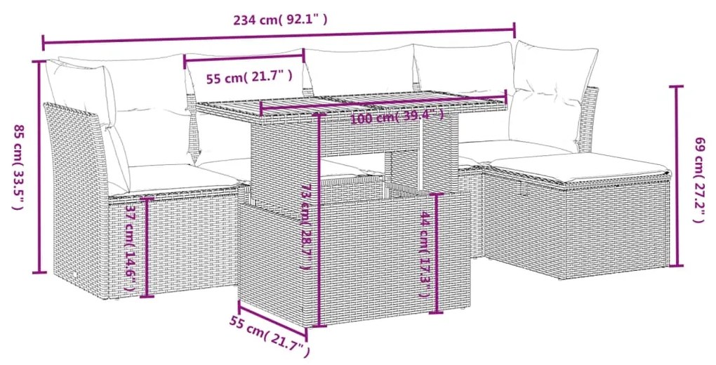 6 pcs conjunto sofás de jardim com almofadões vime cinzento