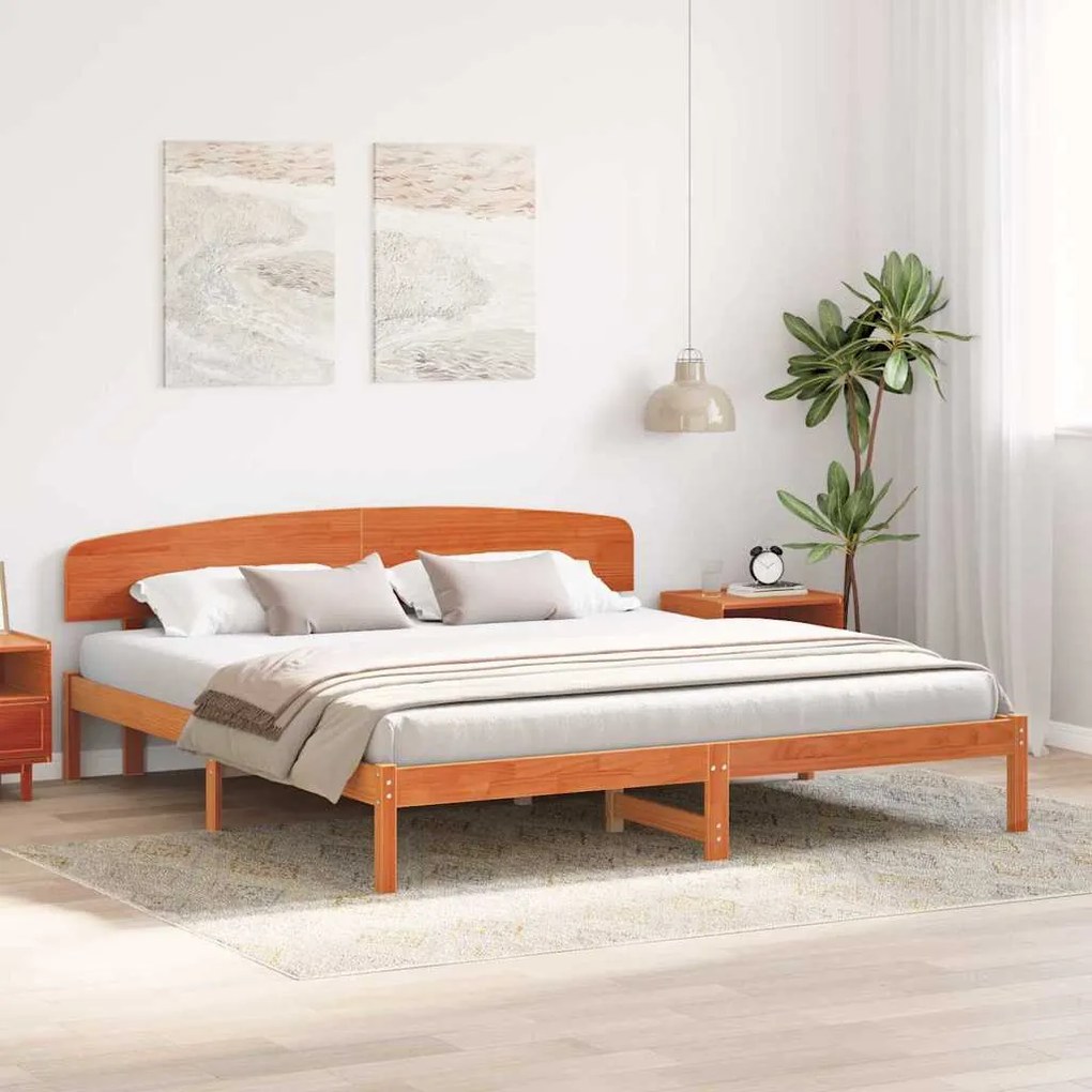 Estrado de Cama com Cabeceira Castanho Encerado 200x200 cm Madeira Sól