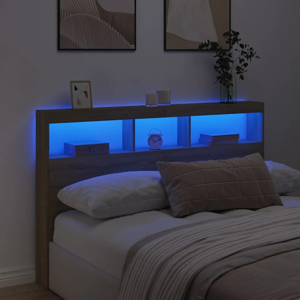 Armário de cabeceira c/ luzes LED 160x17x102 cm carvalho sonoma