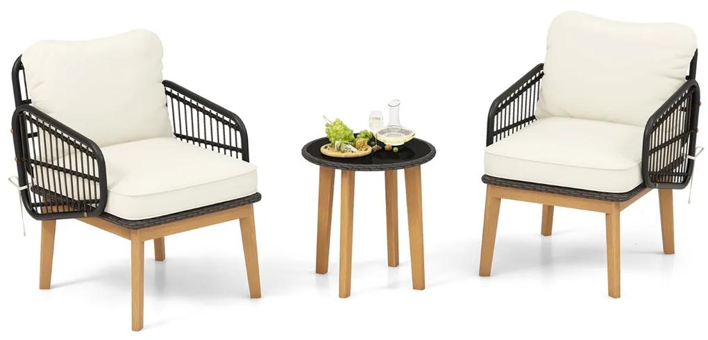Conjunto de móveis de jardim de 3 peças com cadeira de vime Almofadas macias Mesa de vidro temperado Conjunto de rattan para exterior em vidro tempera
