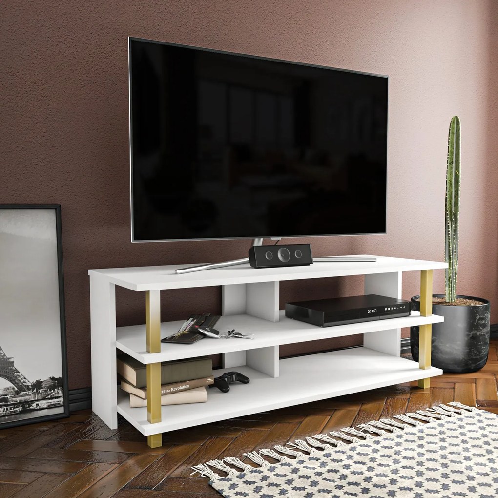 Móvel TV Pueblo – Ouro e Branco – 120 cm x 44,6 cm x 47,4 cm