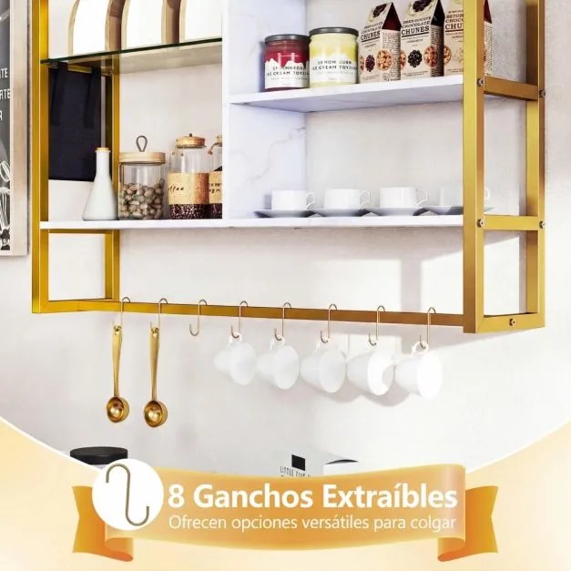 Prateleira suspensa moderna 107 x 24 x 96 cm, 6 níveis, 8 ganchos e bolso lateral para cozinha, bar ou casa – Dourada e Branco
