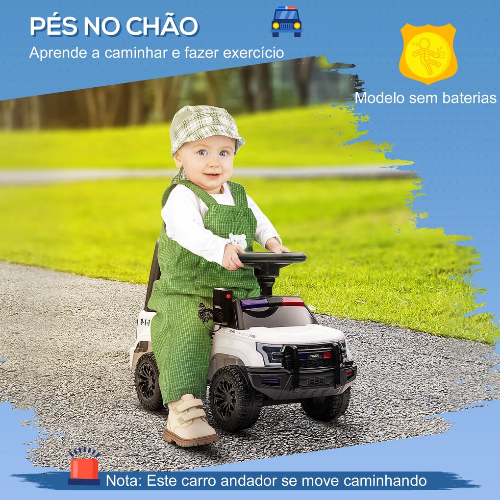 HOMCOM Carro Andador de Policia para Bebé de 18-60 Meses Carro sem Pedais com Buzina Megafone Compartimento de Armazenamento e Encosto Removível 62x29x43cm Branco