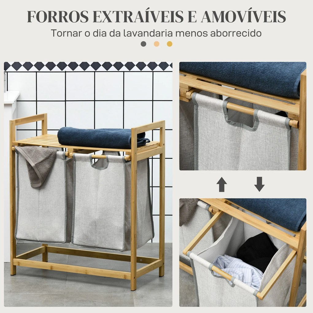 Cesto de Roupa de Bambu Cesto de Roupa Suja com 2 Bolsas Amovíveis e 2