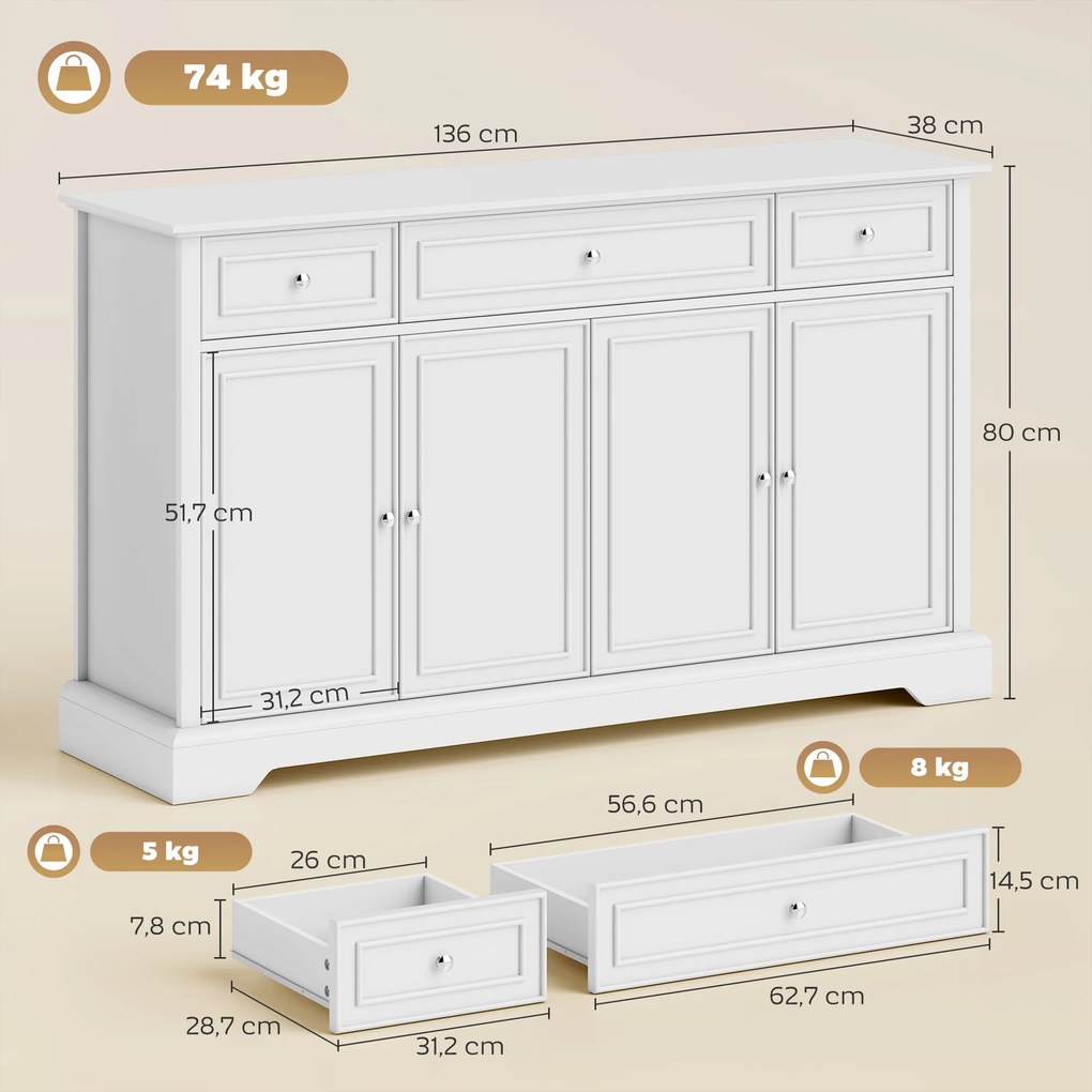 Aparador de sala 136 L x 38 P x 80 A cm, móvel de arrumação com 3 gavetas, 4 portas com fecho suave e prateleiras ajustáveis, branco