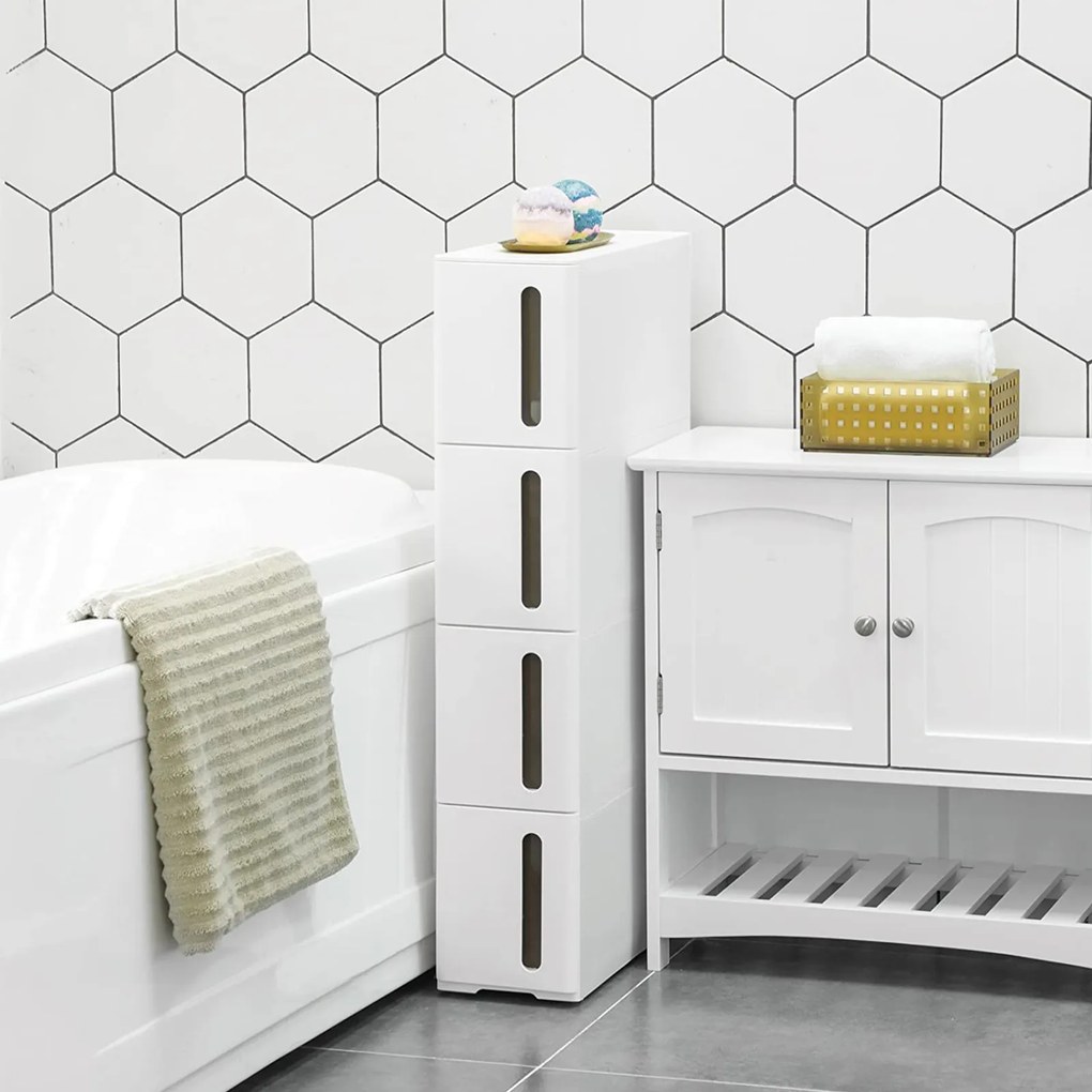 Estante estreita casa de banho ou cozinha com 4 gavetas 45 x 17 x 84 cm branca
