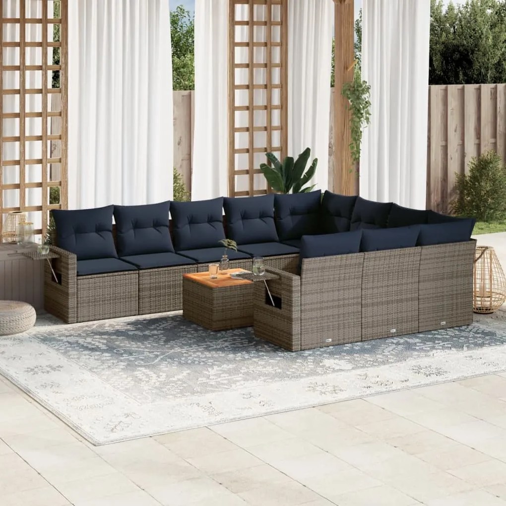 vidaXL 11 pcs conjunto sofás de jardim c/ almofadões vime PE cinzento