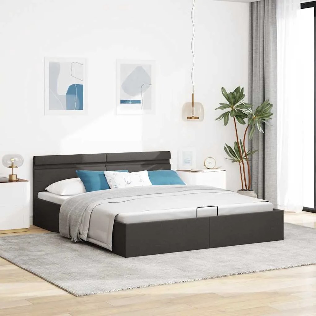 Cama hidráulica c/ arrumação LED 160x200cm tecido cinza-escuro