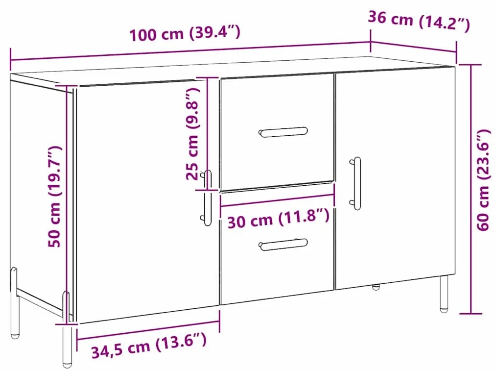 Aparador vidaXL Preto Carvalho 100x36x60 cm Madeira de engenharia