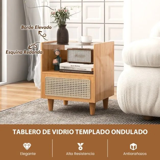 Mesa de cabeceira, Mesa de apoio de bambu e rattan com gaveta e pernas de madeira maciça 43 x 35 x 50 cm Natural