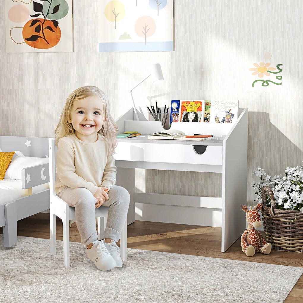 Conjunto de Secretária e Cadeira para Crianças com Gaveta Amovível e Compartimento para Dormitório Sala de Jogos Cinza e Branco