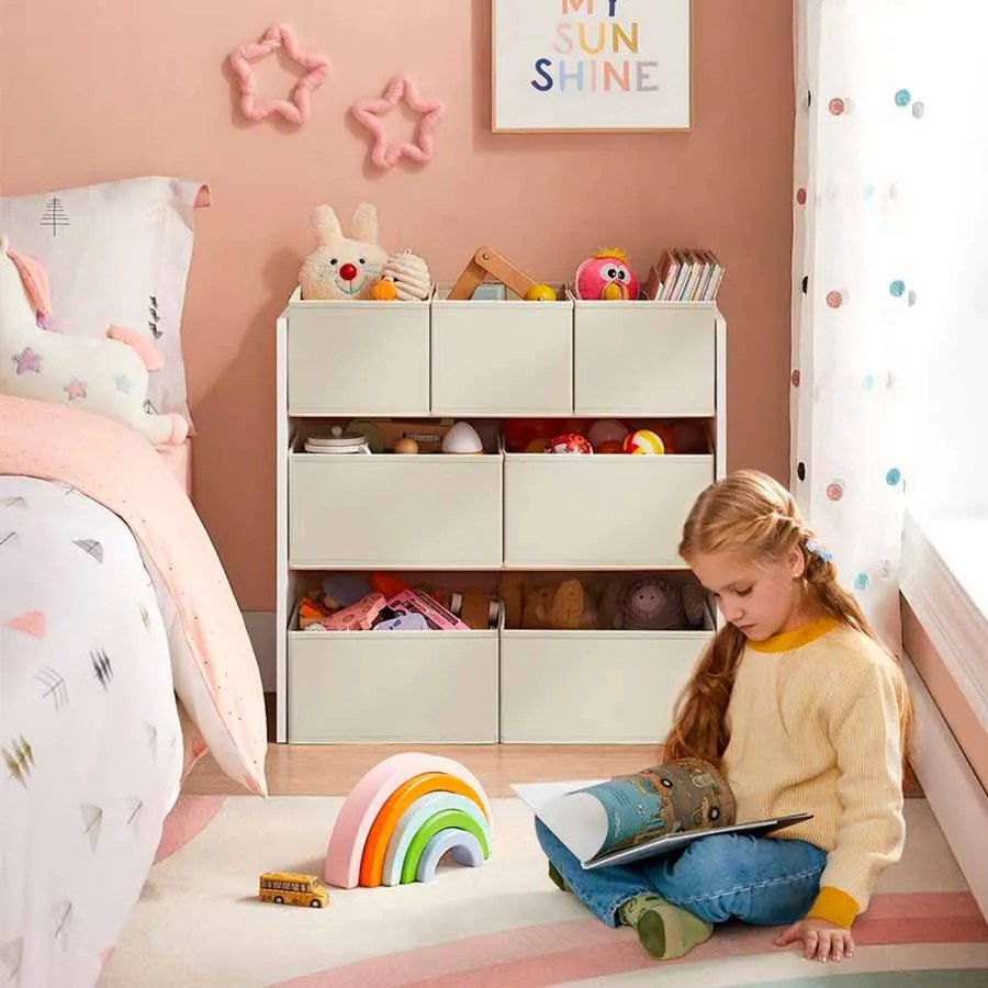 Estante para crianças com 7 caixas de arrumação em tecido não tecido 29,5 x 62,5 x 60 cm branco e bege