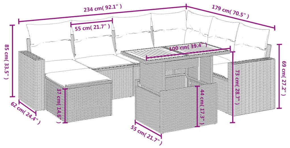 8 pcs conjunto de sofás p/ jardim com almofadões vime PE bege