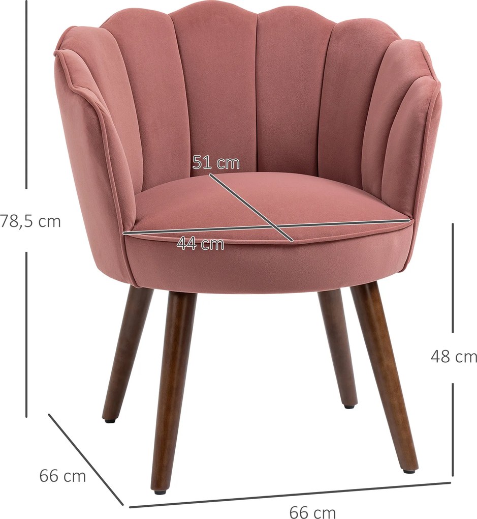 Poltrona com Encosto e Almofada em Veludo Pernas em Madeira de Seringueira 66x66x78,5 cm Rosa