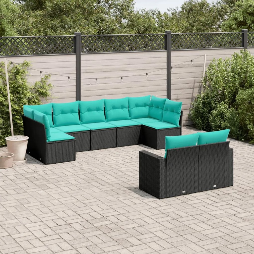 9 pcs conjunto de sofás p/ jardim c/ almofadões vime PE preto