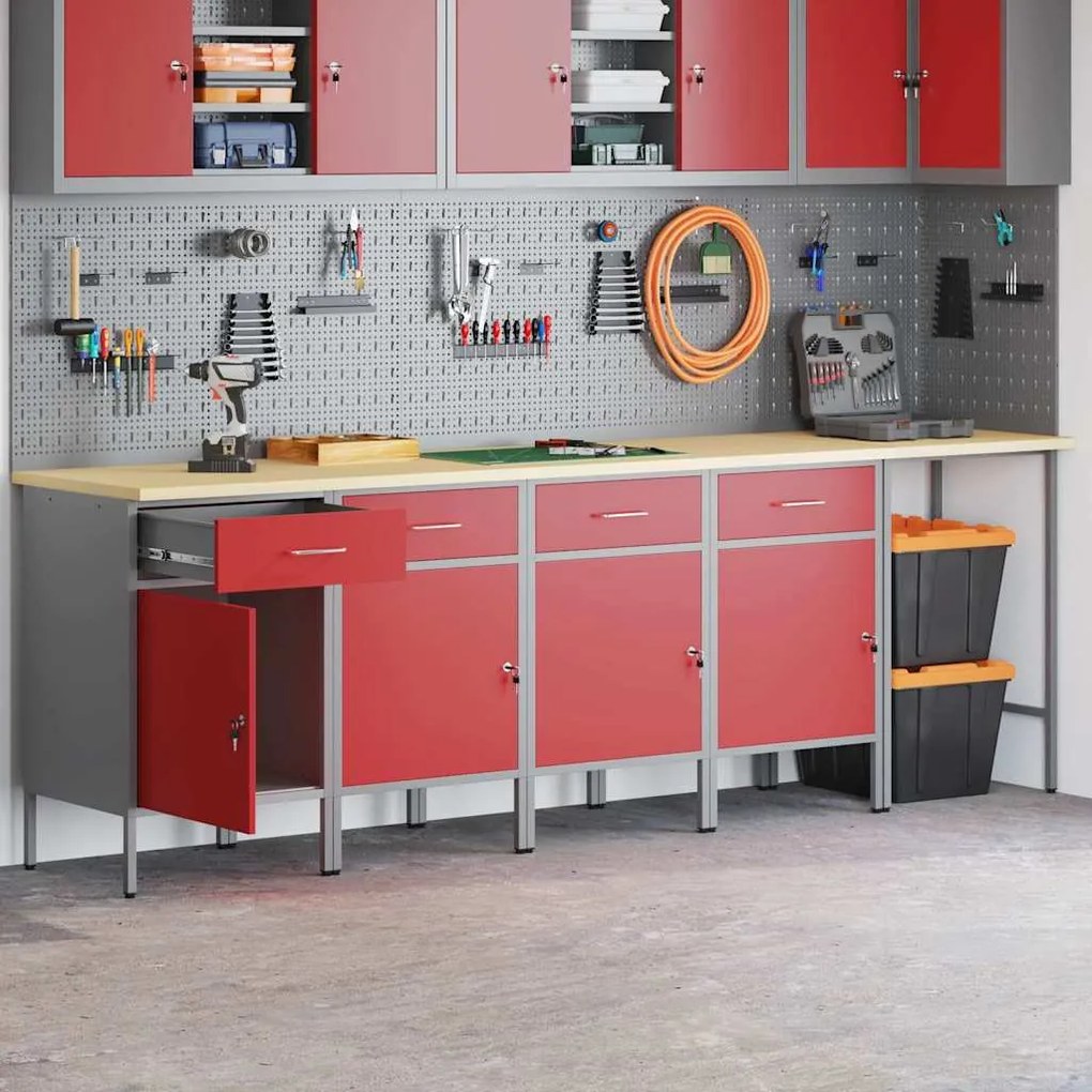 vidaXL Armário de Trabalho com gaveta 5 pcs Vermelho 255 x 55 x 85 cm