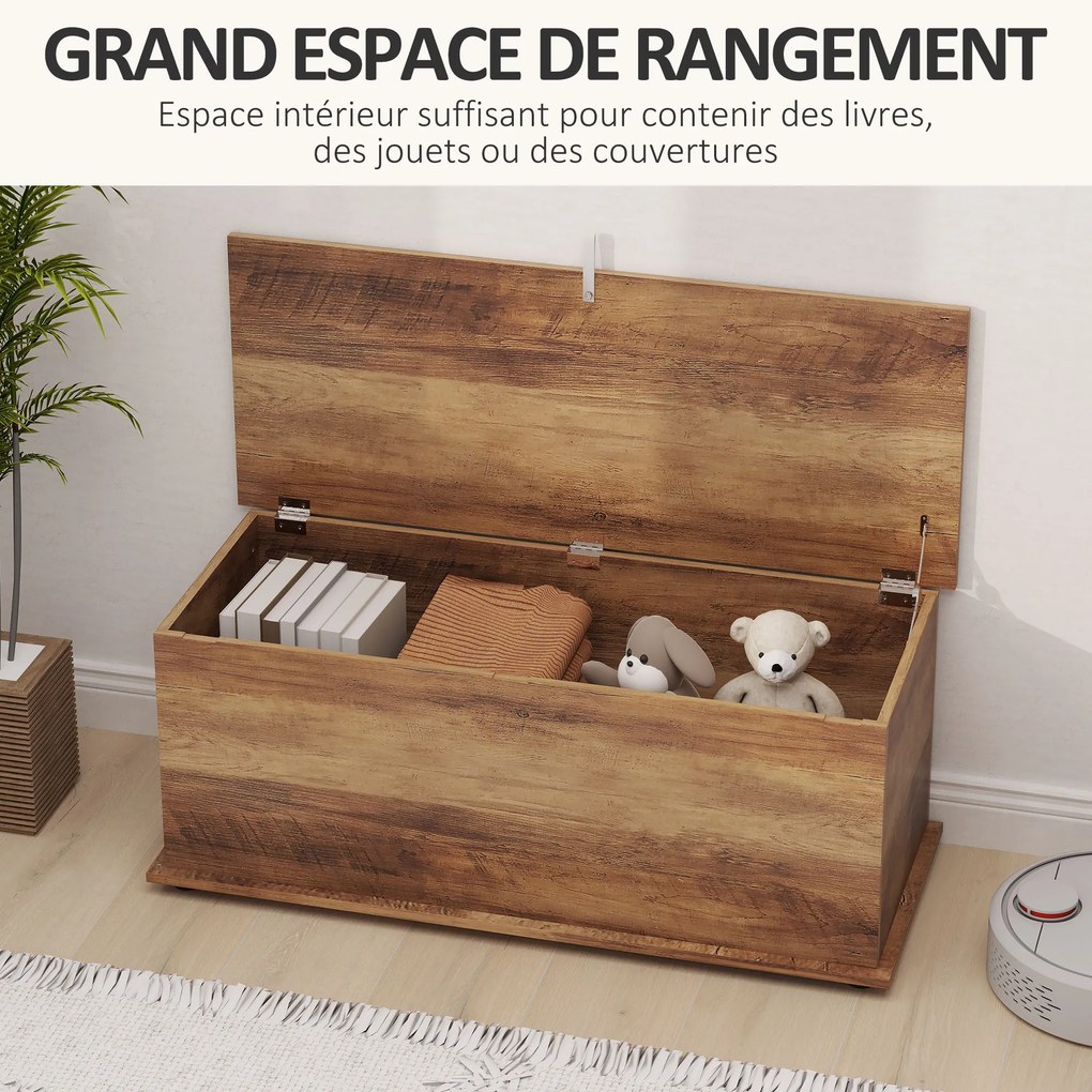 Caixa de arrumação 100 x 40 x 40 cm, banco com tampa rebatível e dobradiças de segurança, castanho