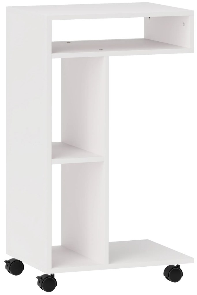 HOMCOM Mesa Auxiliar em Forma de C Mesa Auxiliar para Sofá com Rodas Compartimentos Abertos 40x30x69 cm Branco | Aosom Portugal