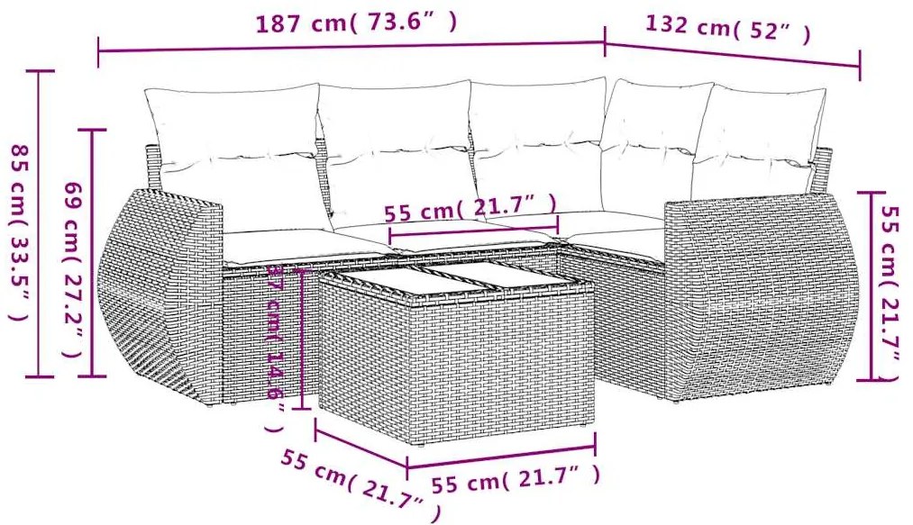 5 pcs conj. sofás jardim c/ almofadões vime PE cinzento-claro