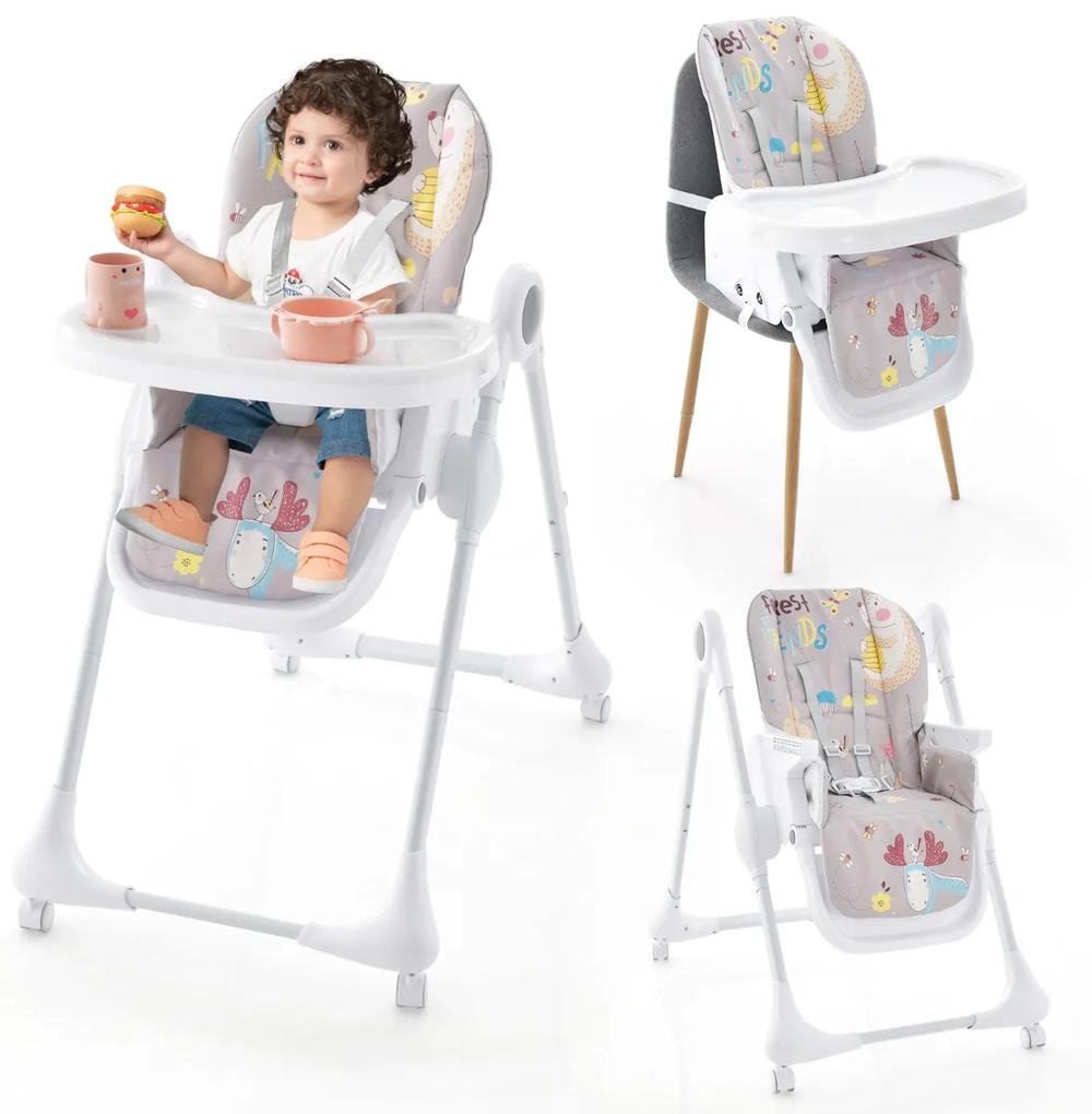 Cadeira refeição alta infantil dobrável com baixo custo reclinável e regulável em altura 4 rodas universais com travões 96 x 60 x 89-107 cm Cinzento