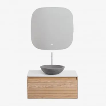 Conjunto De Móveis De Banheiro Em Madeira Tedrik Ash Castanho Fresno & Cimento Cinzento Redondo Ø40 Cm Tarsis & Quadrado Led - Sklum