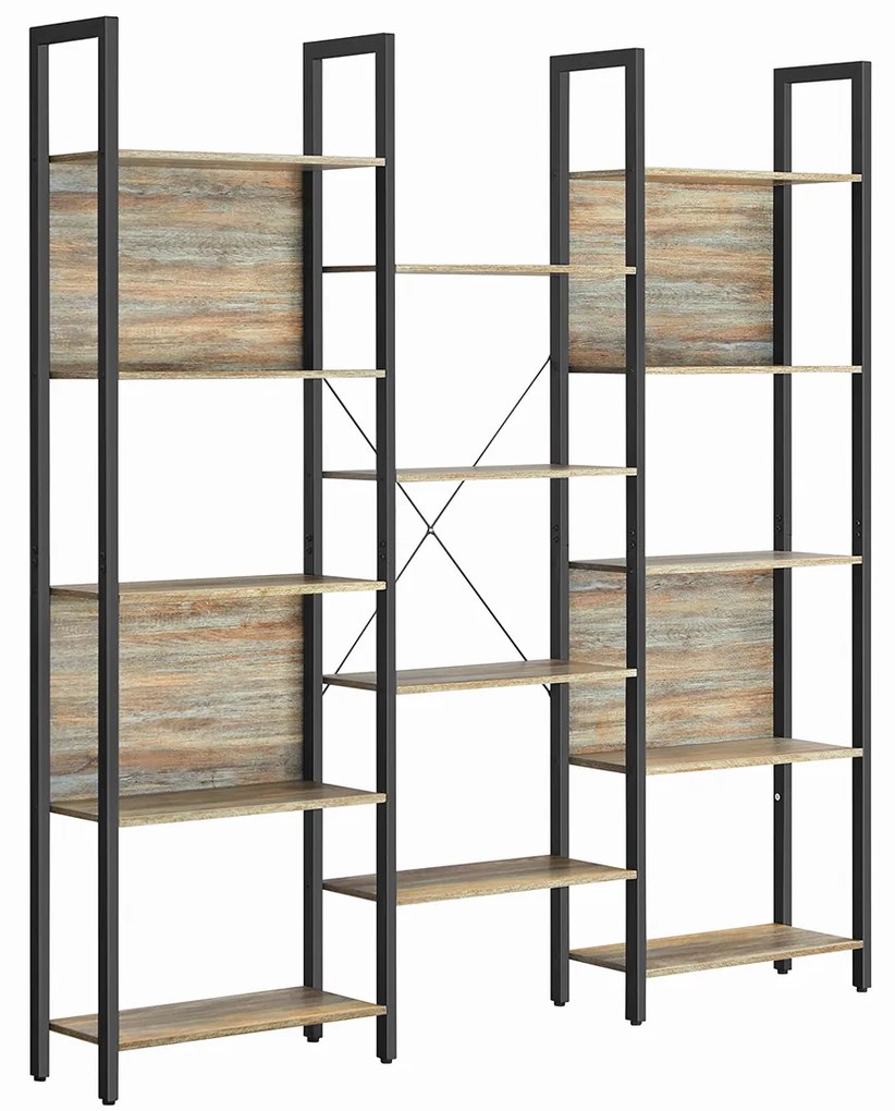 Estante c/ 14 prateleiras, moldura metálica, 24 x 158 x 166 cm, carvalho c/ veios azuis/preto, estilo industrial