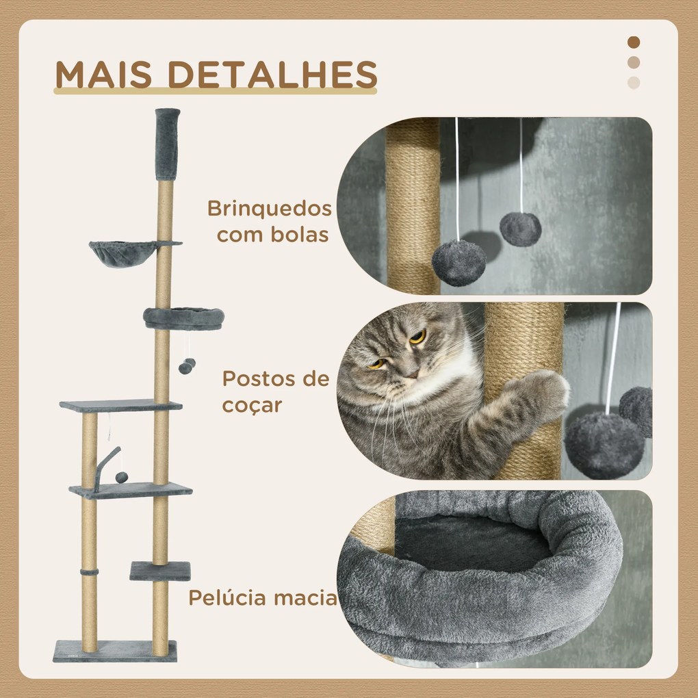 Arranhador para Gatos do Solo ao Teto de 230-250 cm  com Altura Ajustável Múltiplas Plataformas Rede Bolas Suspensas Cinza