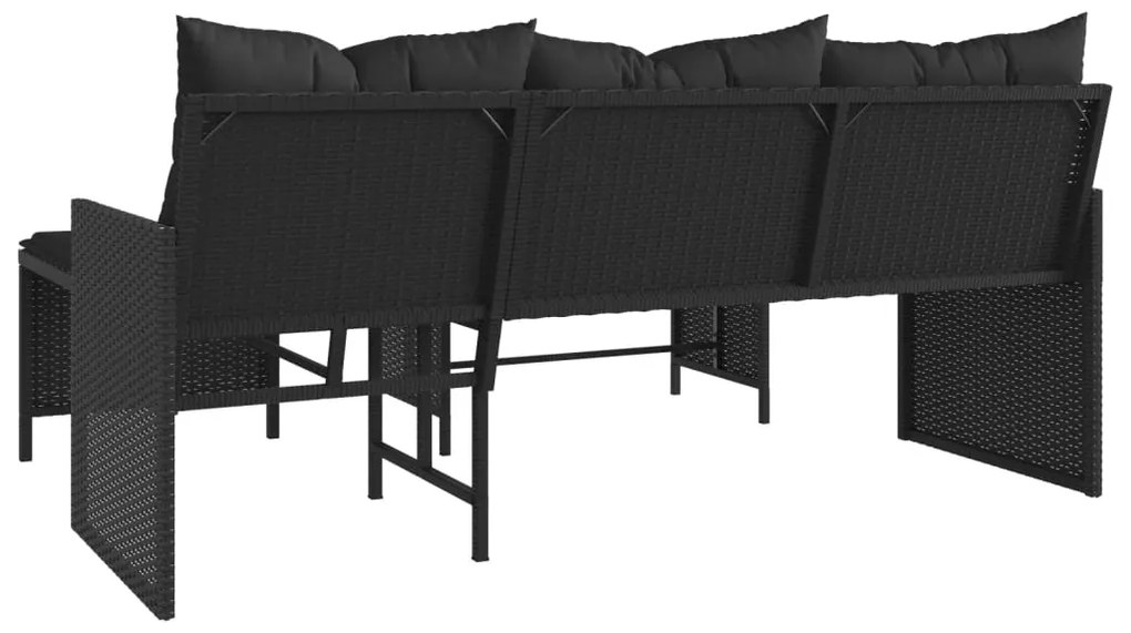 Sofá de jardim em forma de L c/ mesa e almofadões vime PE preto