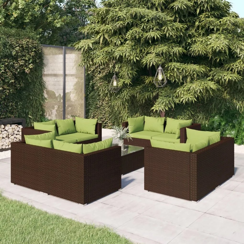 vidaXL 9 pcs conjunto lounge de jardim c/ almofadões vime PE castanho