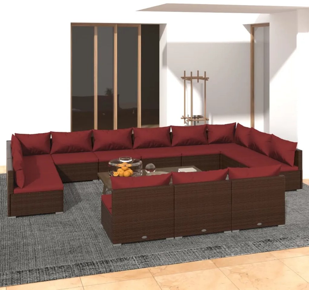 vidaXL 13 pcs conjunto lounge jardim c/ almofadões vime PE castanho