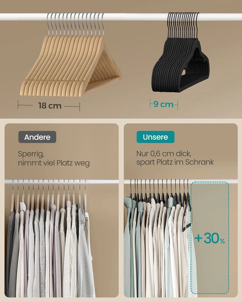Conjunto de 50 cabides em veludo 43,5 x 22,5 cm Preto