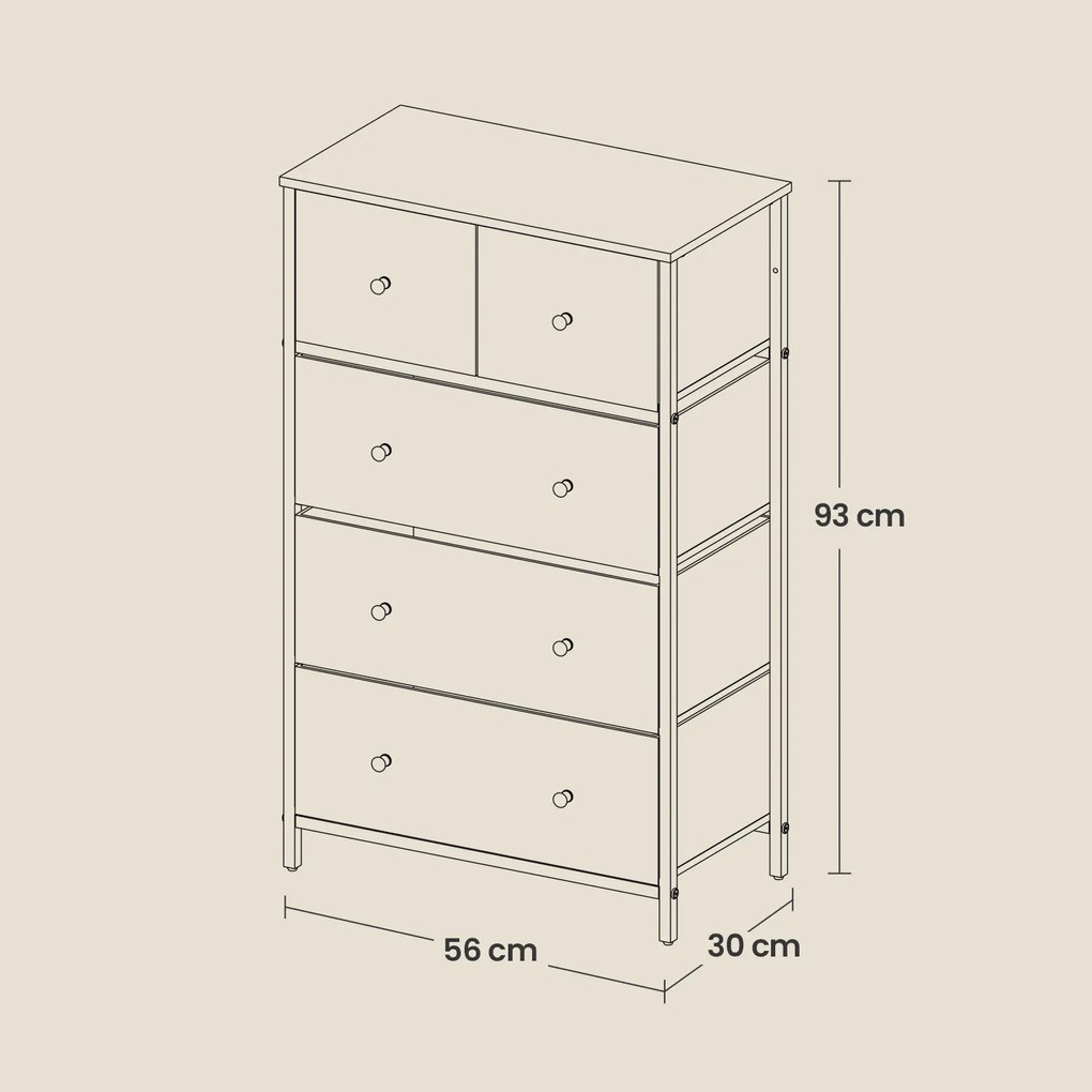 Cómoda, armário de arrumação com 5 gavetas tecido 30 x 56 x 93 cm cinza claro-branco
