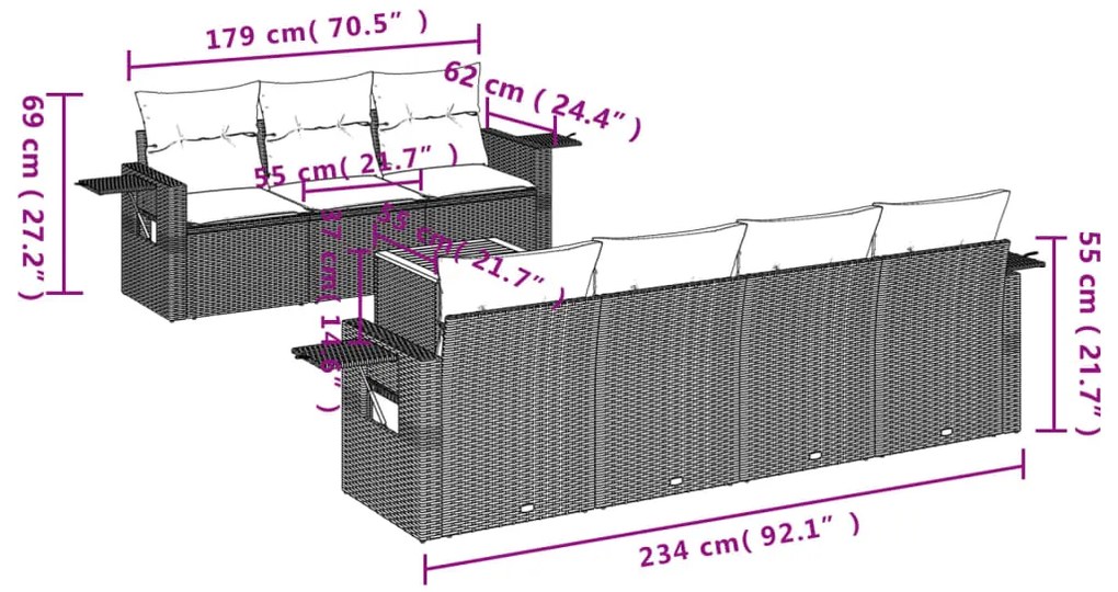 8 pcs conjunto sofás de jardim c/ almofadões vime PE cinzento