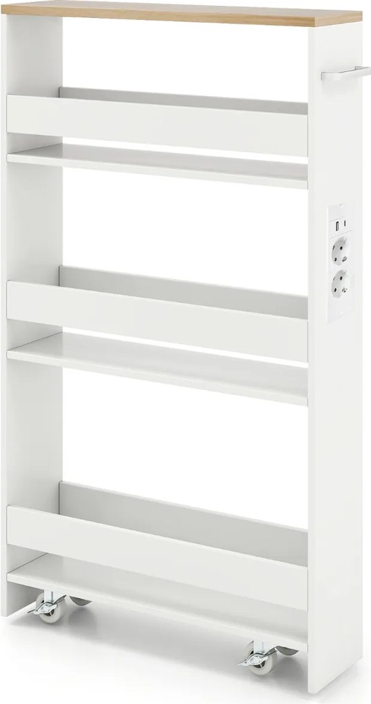 Carrinho cozinha estreito 47,5 x 13 x 80,5 cm com estação de carregamento de 4 níveis com rodas bloqueáveis Branco + Natural