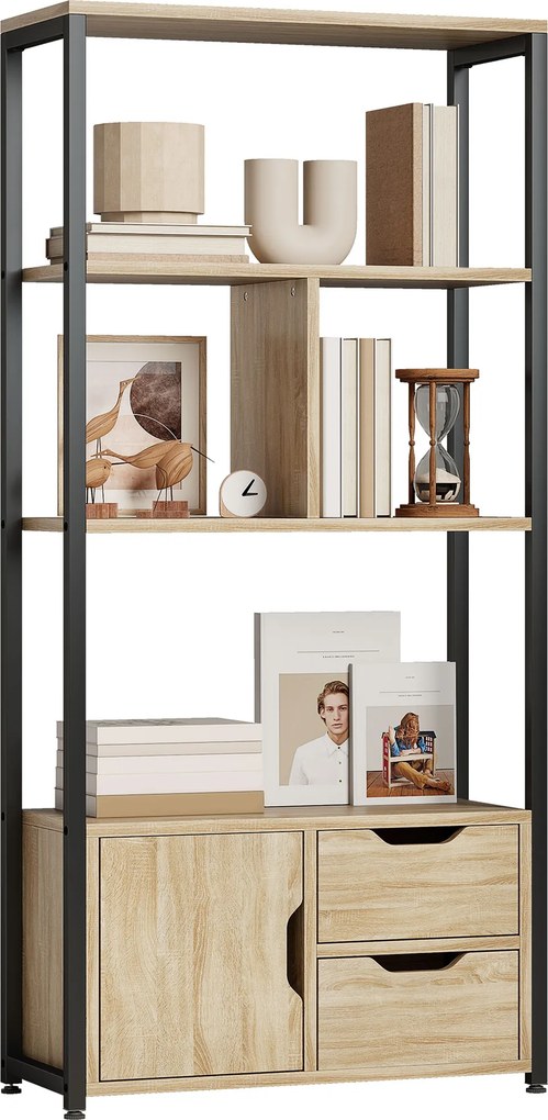 Estante de estilo industrial com 3 prateleiras, porta e 2 gavetas, 58 x 24 x 122 cm, com acabamento em madeira natural e aço preto