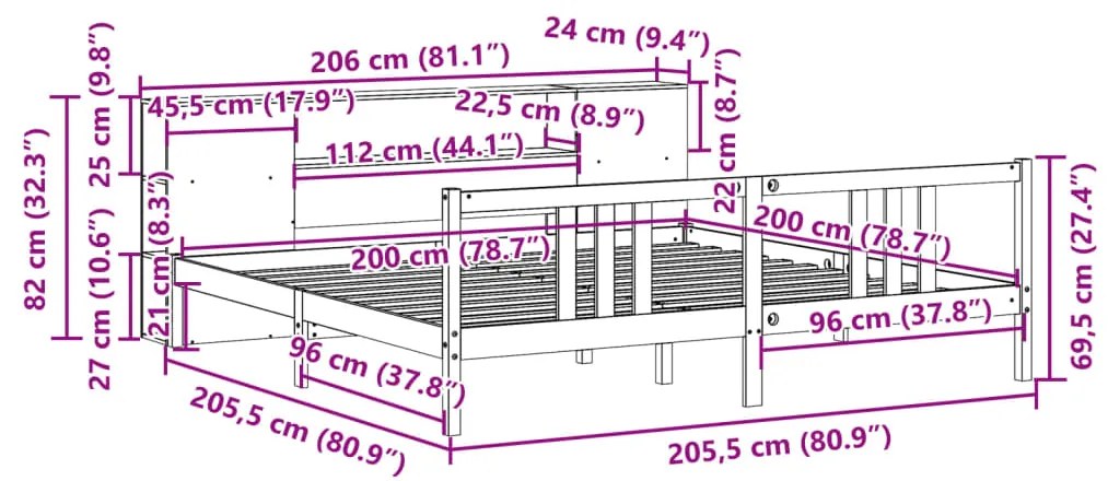 Cama com estante sem colchão 200x200 cm pinho maciço branco