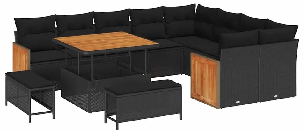 Conjunto de Sofá de Jardim de 12 Peças com Almofadas Preto Rattan Poli