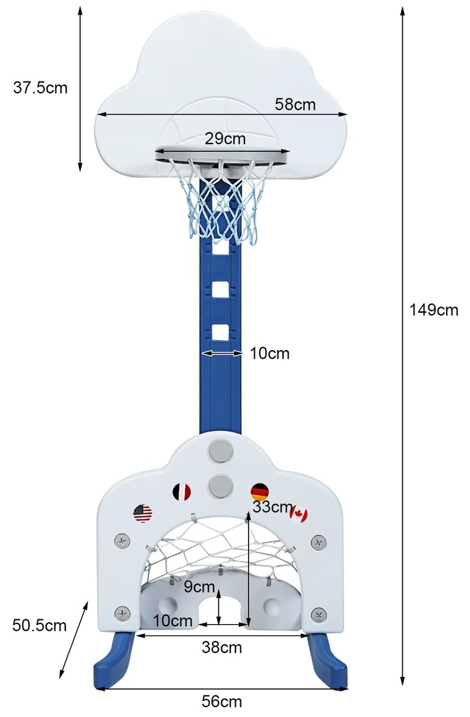 Cesto de basquetebol 3 em 1 leve e estável com altura ajustável e jogo de golfe para crianças 56 x 50,5 x 149 cm branco