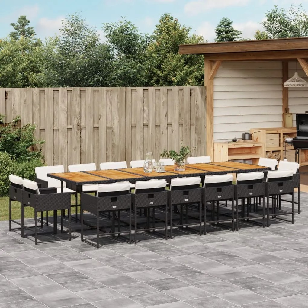 17 pcs conjunto de jantar p/ jardim c/ almofadões vime PE preto