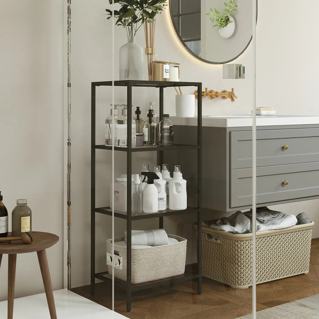 Estante de 4 níveis multifuncional em metal e vidro temperado 30 x 40 x 95 cm preto