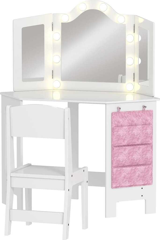 AIYAPLAY Penteadeira Infantil 2 em 1 Espelho Triplo e LEDs 93,6x48,5x111,5 cm Branco | Aosom Portugal