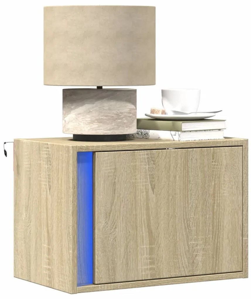 vidaXL Mesas de cabeceira de parede com luzes LED 2pcs carvalho sonoma
