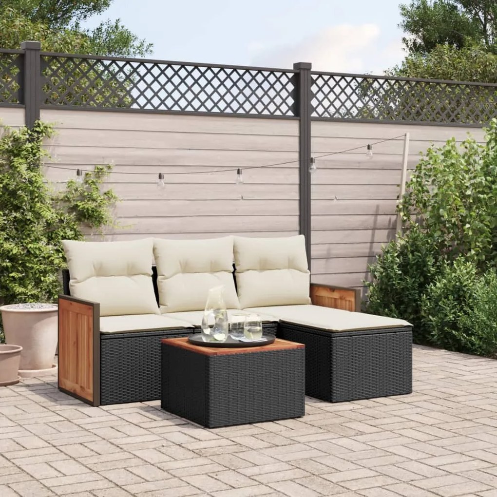5 pcs conjunto sofás de jardim com almofadões vime PE preto